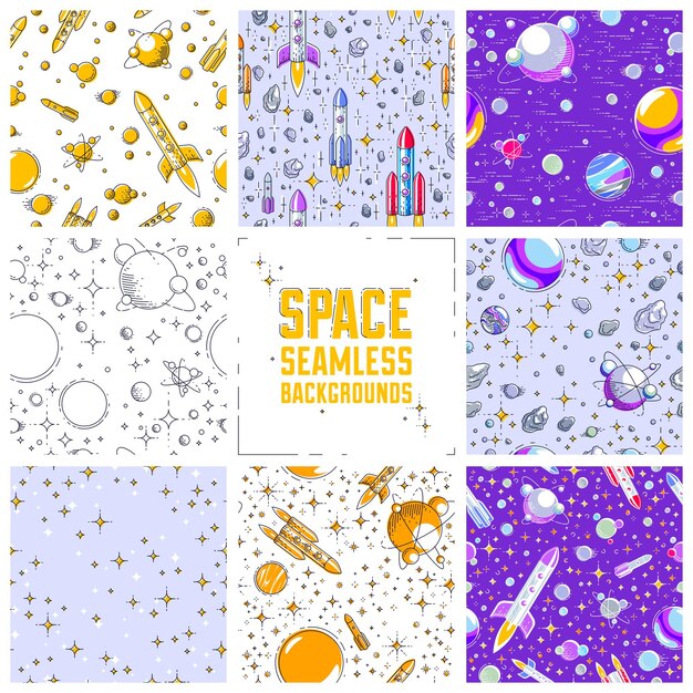 Set of seamless space backgrounds with rockets, planets, asteroids, comets, meteors and stars, undiscovered deep cosmos fantastic textiles fabric for children, endless tiling pattern, vector.