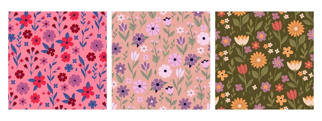 Set of seamless spring patterns with flowers Vector graphics