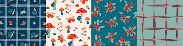 Set seamless trendy nature pattern snails mushrooms beige blue background  plants insects vector
