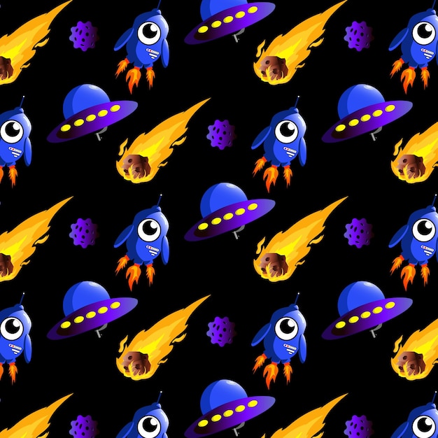 Set of seamless vector patterns with space print childrens illustrations on space theme