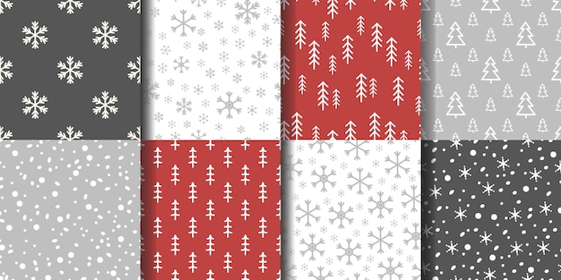 Vector set of seamless winter patterns with snowflakes and spruce trees.