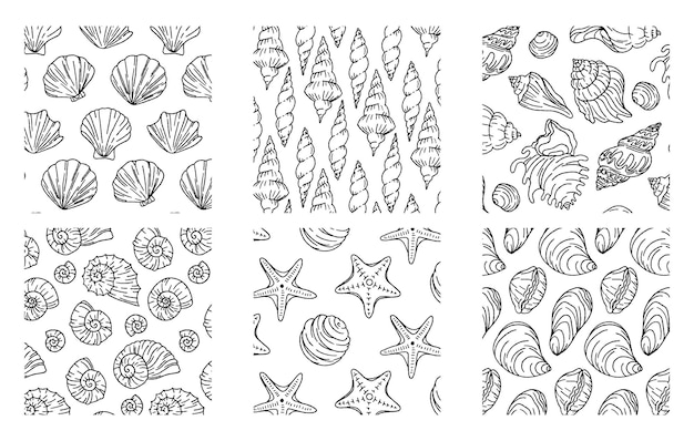 Vector set of seashells black and white seamless vector background vector graphics for textile print paper