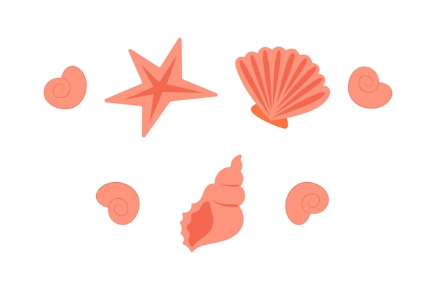 Set of seashells Orange seashells in a simple flat style for the seaside for aquarium