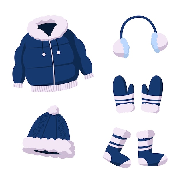 Set of seasonal winter clothes, stylish warm clothing items, jacket, socks, earworm