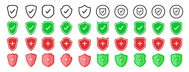 Set of security shield icons security shields logotypes with check mark and padlock Protection approve sign Security shield protected icon Strong protection concept Vector illustration