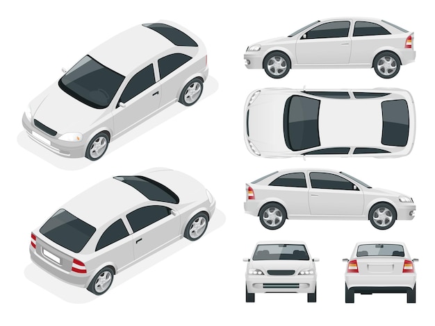 Set sedan auto's. Geïsoleerde auto, sjabloon voor autobranding en reclame. Voor-, achterkant, zijkant, bovenkant en isometrie voor- en achterkant Verander de kleur in één klik Alle elementen in groepen op aparte lagen