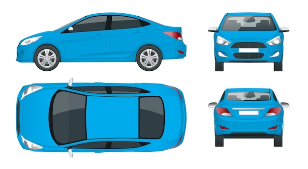 Set of sedan cars. compact hybrid vehicle. eco-friendly hi-tech auto. isolated car, template for branding and advertising. view front, rear, side, top. vector illustration.