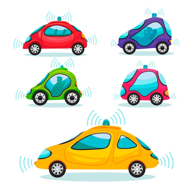 Set of self driving cars in cartoon style