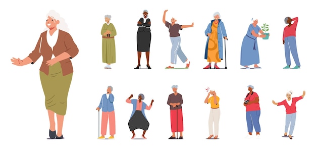 Vector set of senior female characters lifestyle old women dance feel pain use photo camera and care of houseplants grandmother in formal trendy and asian clothes cartoon people vector illustration