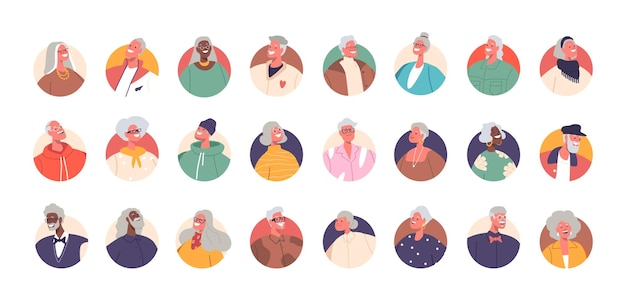 Vector set of senior people avatars isolated round icons or portraits of elderly male and female characters for applications and storytelling diverse old men and women cartoon people vector illustration
