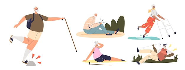 Vector set of senior people got injured walking and falling down, suffer from pain in back, knees and dizziness fatigue. injury risk for aged people concept. flat vector illustration