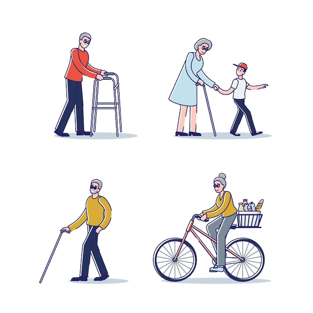 Set of senior people standing, walking with stick or riding bicycle