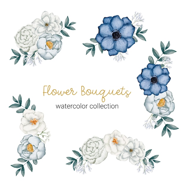 Vector set of separate parts and bring together to beautiful bouquet of flowers in water colors style on white background vector illustration