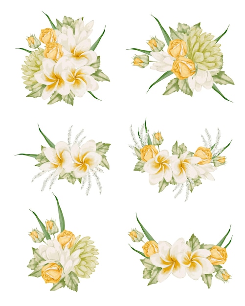 Vector set of separate parts and bring together to beautiful bouquet of flowers in water colors style on white background vector illustration