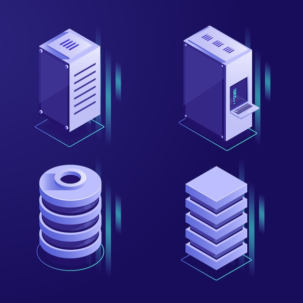 Set di icone di rack e database del server, elementi di tecnologia digitale