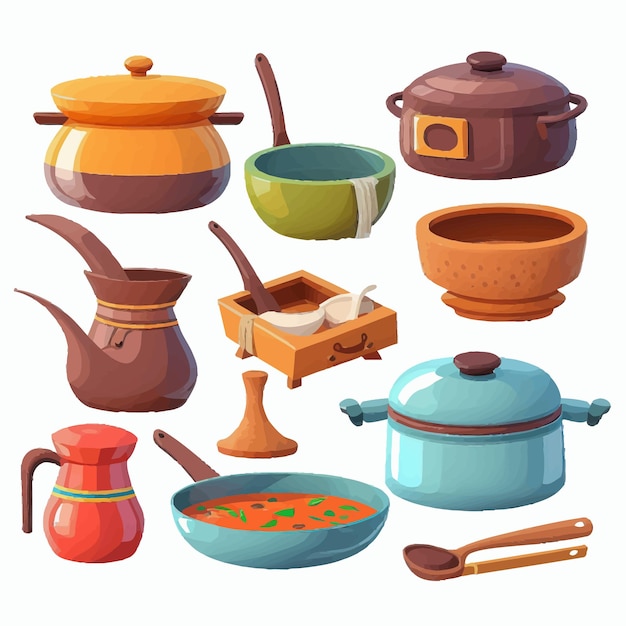Set servies hete steelpannen met soep of kokend water geïsoleerd op achtergrond Cartoon platte vectorillustratie