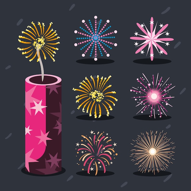 Vector set of seven fireworks items