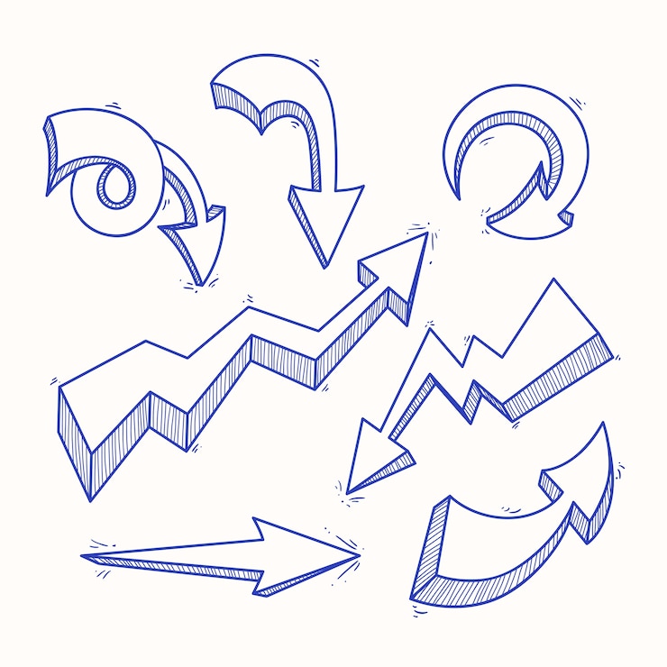 Vector set of seven interesting sketch blue arrows on a beige background

