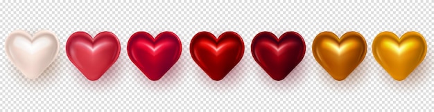 Set of seven realistic 3d glossy red pink golden and white puffy heart on transparent background