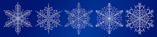 Set of several beautiful complex Christmas snowflakes white on blue background