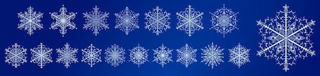 Set of several beautiful complex Christmas snowflakes white on blue background