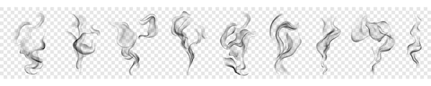 Vector set of several realistic transparent gray smokes or steam for use on light background transparency only in vector format