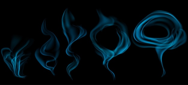 Set of several realistic transparent light blue smokes or steam for use on dark background Transparency only in vector format