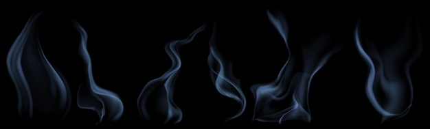 Set of several realistic transparent light blue smokes or steam for use on dark background Transparency only in vector format