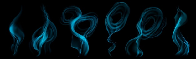 Vector set of several realistic transparent light blue smokes or steam for use on dark background transparency only in vector format