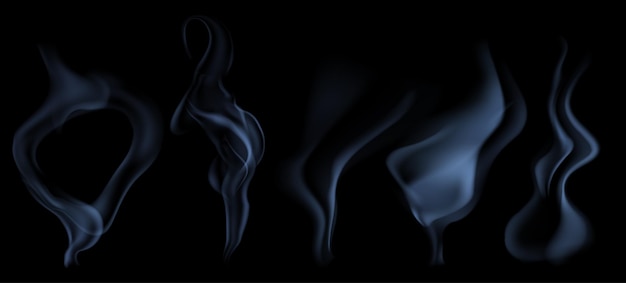 Vector set of several realistic transparent light blue smokes or steam for use on dark background transparency only in vector format