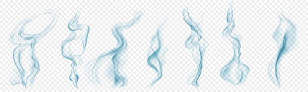 Set of several realistic transparent light blue smokes or steam for use on light background Transparency only in vector format