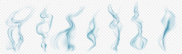 Vector set of several realistic transparent light blue smokes or steam for use on light background transparency only in vector format