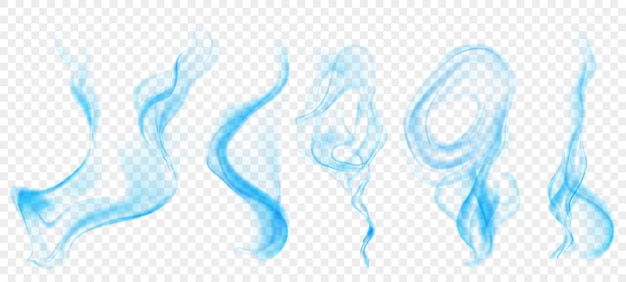 Set of several realistic transparent light blue smokes or steam for use on light background Transparency only in vector format