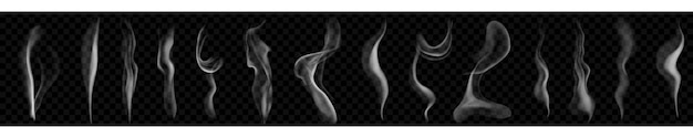 Vector set of several realistic transparent smoke or steam in white and gray colors, for use on dark background. transparency only in vector format