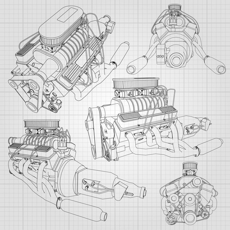 Vector a set of several types of powerful car engine. the engine is drawn with black lines on a white sheet in a cage.