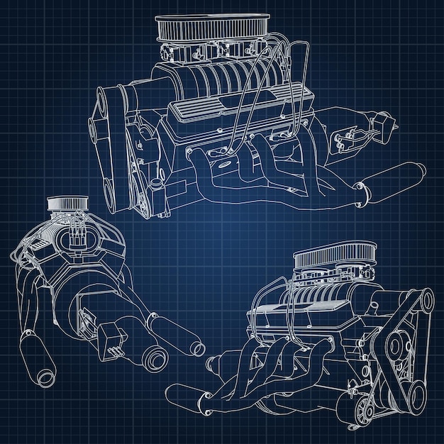 A set of several types of powerful car engine. The engine is drawn with white lines on a dark blue sheet in a cage.