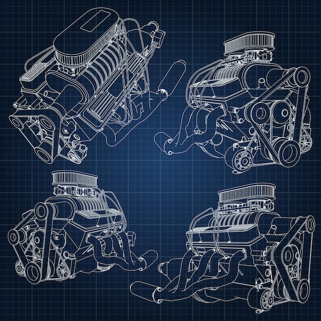 Vector a set of several types of powerful car engine. the engine is drawn with white lines on a dark blue sheet in a cage.