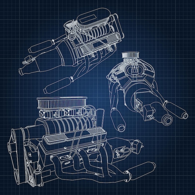 A set of several types of powerful car engine. The engine is drawn with white lines on a dark blue sheet in a cage.