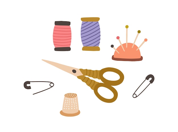 Set of sewing accessories. Thread spools, pad with pins, scissors and thimble. Tailor's supplies for needlework. Flat vector illustration of items for handicraft isolated on white background.