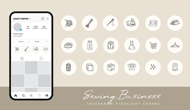 Vector set of sewing business icons for instagram story highlight covers