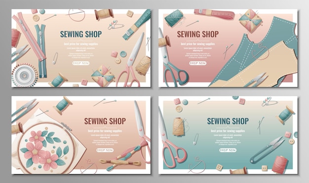 Set of sewing shop banners with sewing supplies and tools Template of discount banners for tailoring studio workshop Compositions of pins threads needles scissors fabric scattered on the surfac