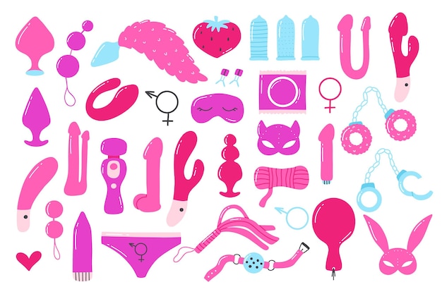 set of sex toys collection of toys for adults vector illustration flat style sex shop set erotic elements set bdsm toys
