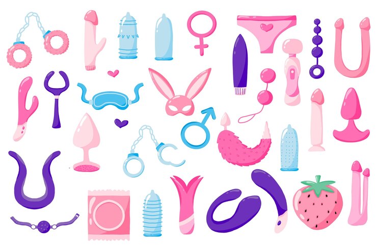 Set of sex toys Set of adult toys Accessories for sex Vector set in cartoon style Vector illustration