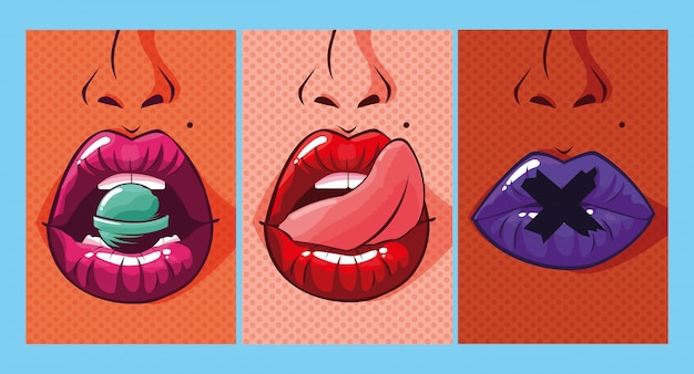 Set of sexy woman mouths pop art style