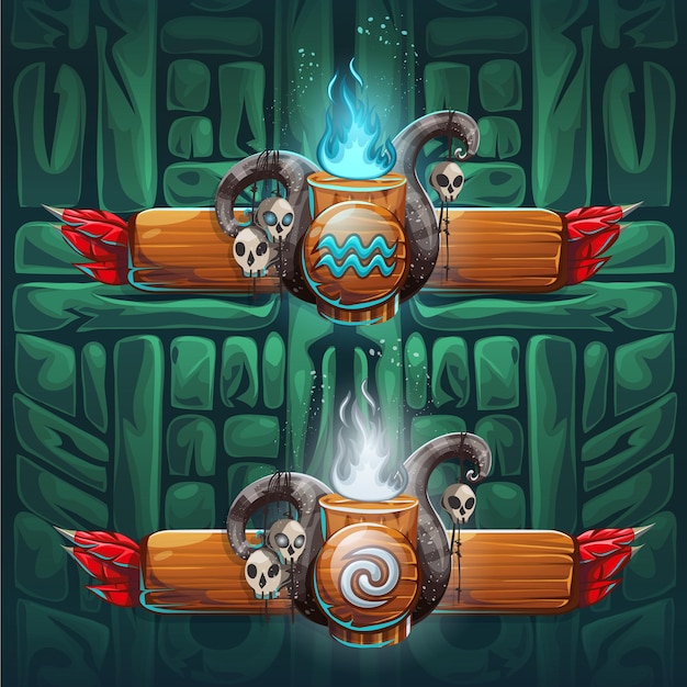 Vector set shaman boosters - symbols of the four elements. the characters of the clan, tribe,  cartoon style.