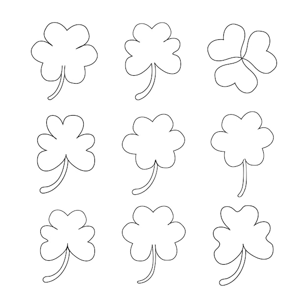 set of Shamrock lucky clover St. patricks day line art trefoil Irish four leaf  holiday symbol