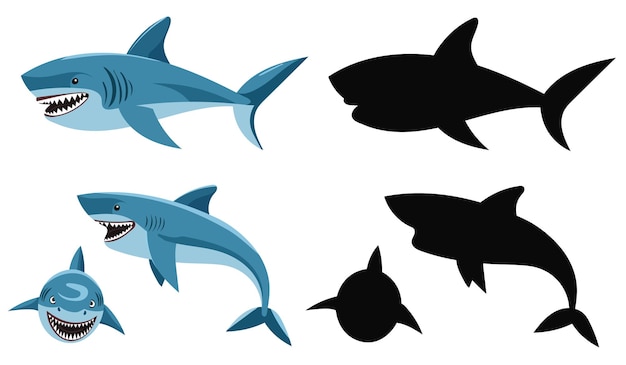 set of shark character on white background vector