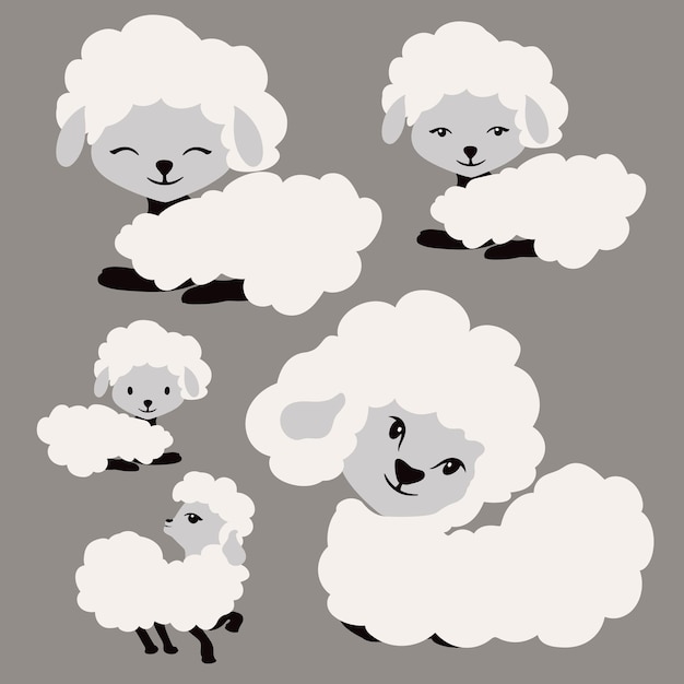 A set of sheep with different expressions on them.