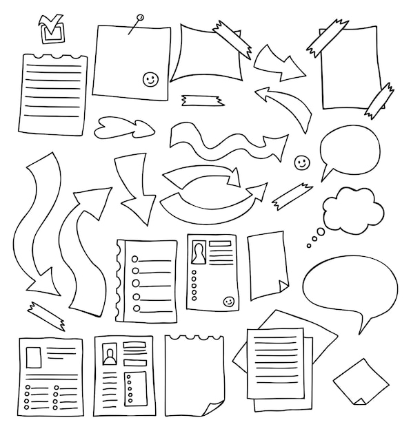 텍스트 거품 화살표 시트를 설정하고 용지 플래너를 메모하고 시트를 다시 시작하여 스티커 목록을 작성하십시오. Doodle