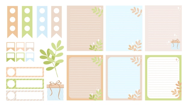 A set sheets of paper and bookmarks for a diary on environmental topics plants branches gift sparkles vector pastel colors